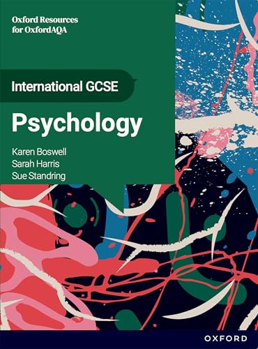 Textbook cover for OxfordAQA International GCSE Psychology, with abstract art.