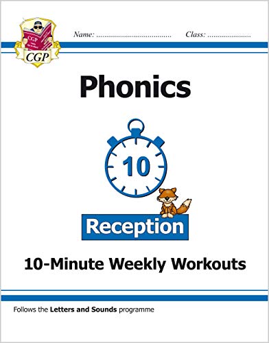 Phonics workout book cover with a timer, fox, and blue color scheme.