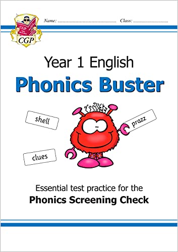 CGP Year 1 English Phonics Buster workbook cover with a cartoon monster illustration.
