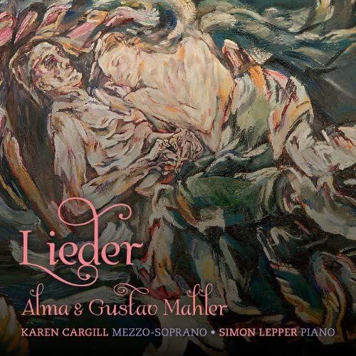Abstract painting of two figures embracing, with text: "Lieder Alma & Gustav Mahler."