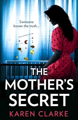 Book cover: woman in red facing a baby’s crib, blue background.