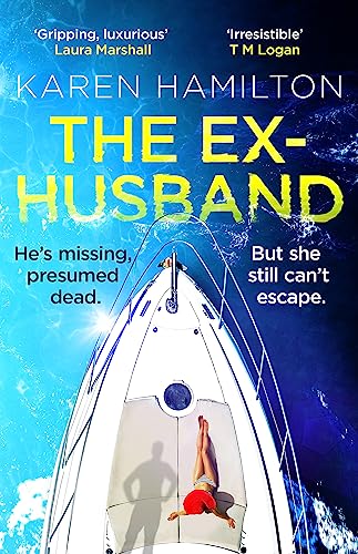 Book cover: "The Ex-Husband" with a yacht and a woman in red.