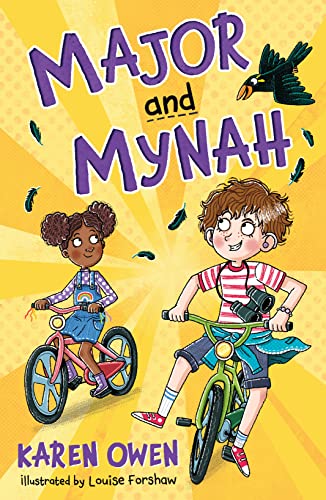 Book cover showing two children riding bicycles with a mynah bird flying above.