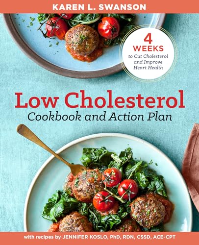 Cookbook cover with meatballs, tomatoes, and spinach; title reads "Low Cholesterol.