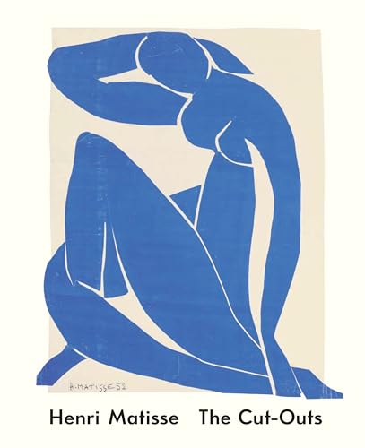 A blue paper cutout of a seated female nude on a cream background.