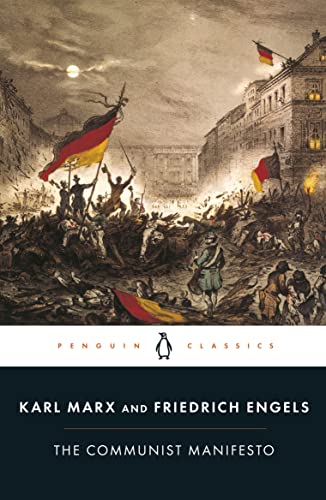 Book cover: "The Communist Manifesto" with a depiction of a 19th-century uprising.