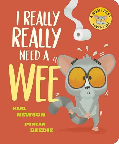 Book cover featuring a lemur urgently needing to use the toilet.