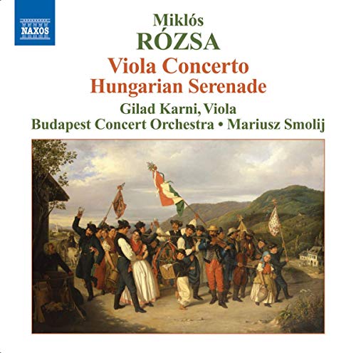 CD cover featuring Miklós Rózsa text above a painting of a festive Hungarian procession.