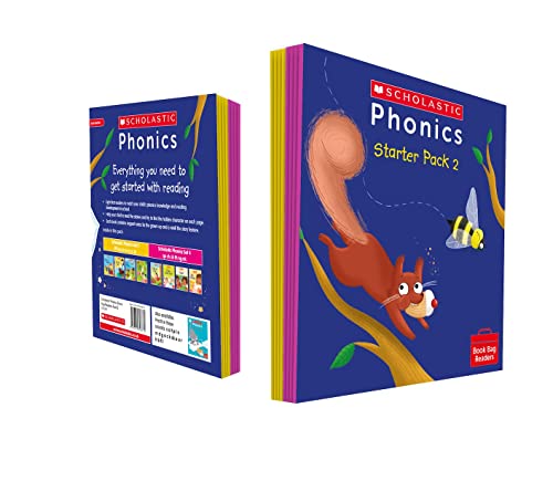 Two blue Scholastic Phonics Starter Pack 2 books featuring an illustration of a squirrel.