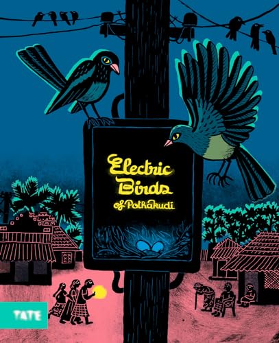 Illustration of birds on a utility pole above a village with the book title.