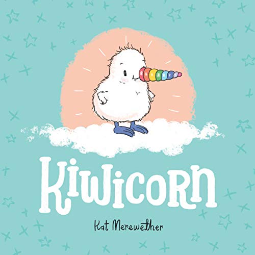 White kiwi bird with a rainbow horn on a blue background.