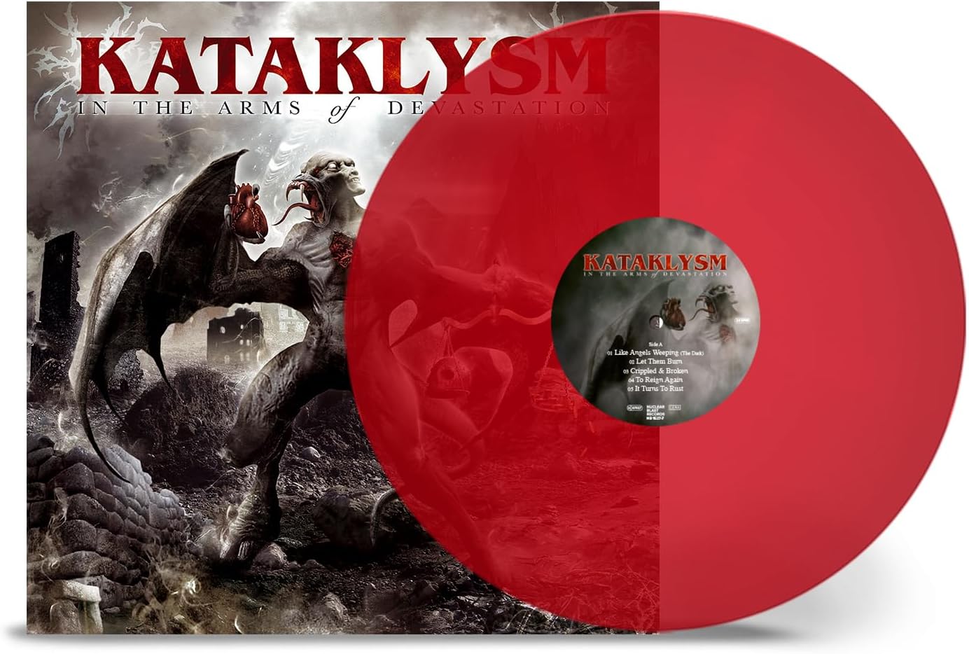 Kataklysm album cover art with a red vinyl record featuring a winged creature.