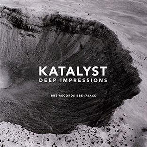 The image is a CD cover for "Katalyst - Deep Impressions". #### Alt Text Black and white crater image with "Katalyst Deep Impressions" text overlay.