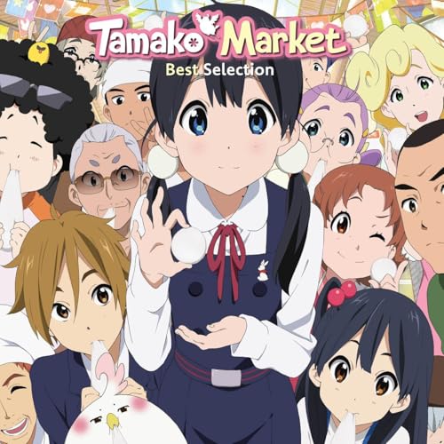 Anime-style illustration of characters holding eggs, with colorful market background.