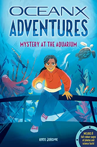 Book cover: girl with flashlight at an aquarium, colorful illustrations.