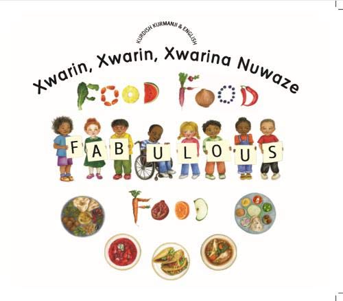 Book cover with children, food illustrations, and Kurdish/English text.