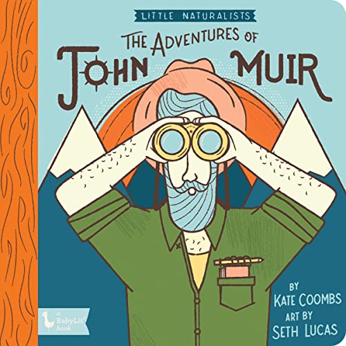 Illustrated book cover featuring John Muir with binoculars and mountains.