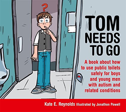 Boy in a public restroom, thinking, with book title "Tom Needs to Go".