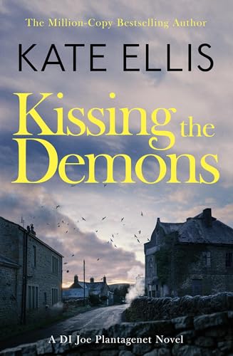 Book cover: "Kissing the Demons" with a stormy landscape and buildings.