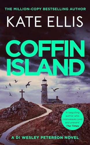 Book cover: lighthouse, cross, winding path, stormy sky, "Coffin Island" title.