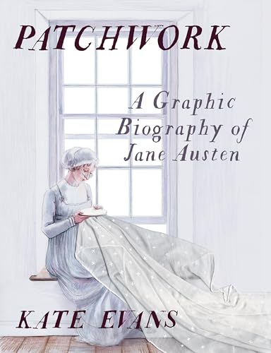 Book cover illustration of a woman sewing by a window, titled Patchwork by Kate Evans.