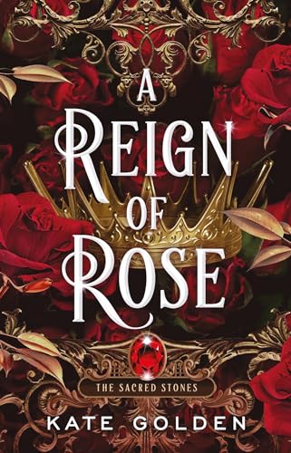 Book cover with a golden crown, red roses, and ornate script.