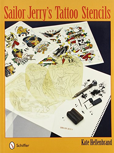 Book cover featuring Sailor Jerry tattoo designs, stencils, and tattoo tools on a table.