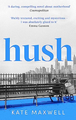 Book cover for "Hush" featuring a city skyline and a woman with a stroller.