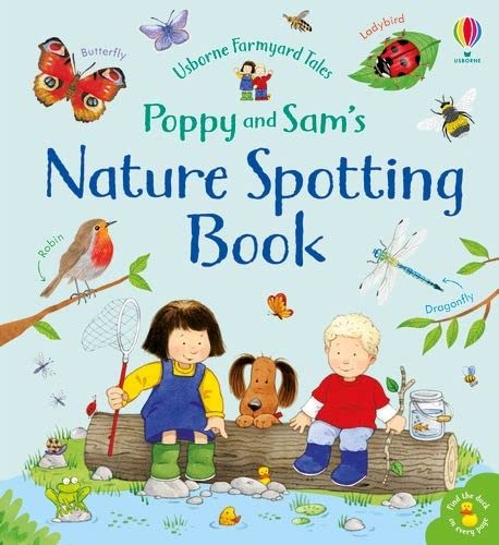Cover of Poppy and Sam's Nature Spotting Book featuring children, a dog, and insects.