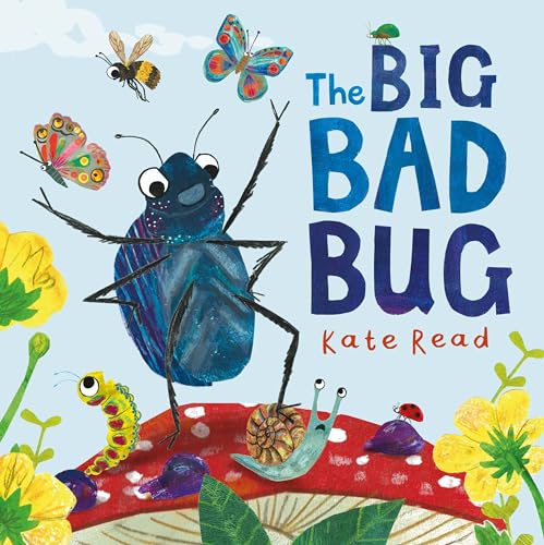 A large blue beetle stands on a mushroom surrounded by various insects and flowers.