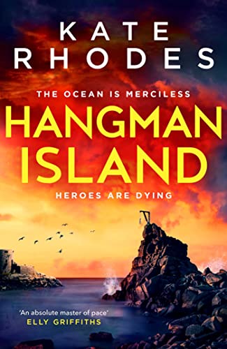 Book cover featuring a rocky island with a gallows against a vibrant sunset sky.
