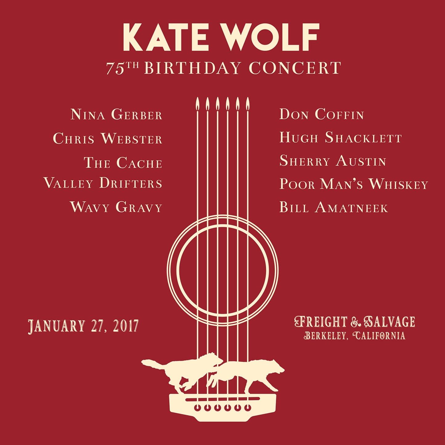 Kate Wolf 75th Birthday Concert CD cover with guitar and wolves.