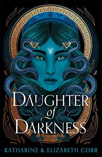 Book cover: blue-skinned woman with snakes, ornate gold frame, title "Daughter of Darkness".