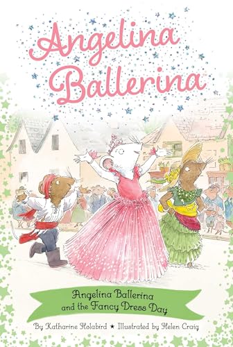 Angelina Ballerina in a pink dress with two friends in costumes on a street.