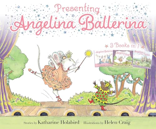 Angelina Ballerina mouse characters dancing on a stage with three book covers shown.