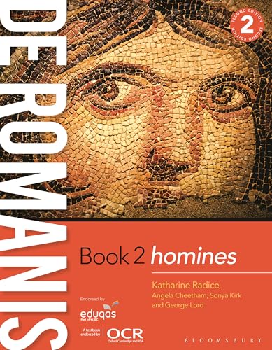 Textbook cover titled De Romanis Book 2 homines featuring a Roman mosaic face.