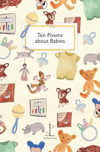 Book cover titled Ten Poems about Babies with watercolor illustrations of toys and clothes.