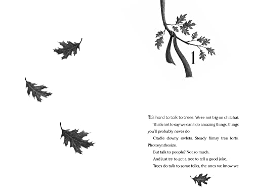 A page from Wishtree showing a tree branch, falling leaves, and printed text.
