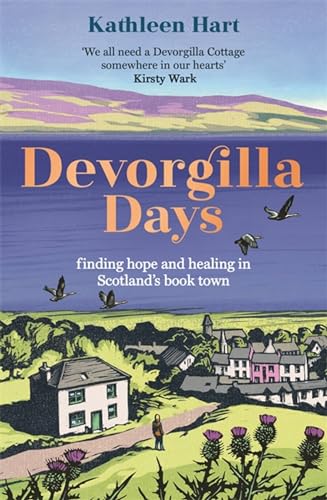 Book cover featuring a Scottish town, a lake, birds, and a person walking.