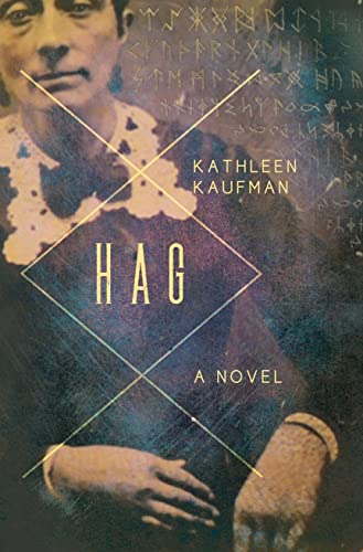 Book cover forL featuring a woman's portrait, runic symbols, and the title Hag.