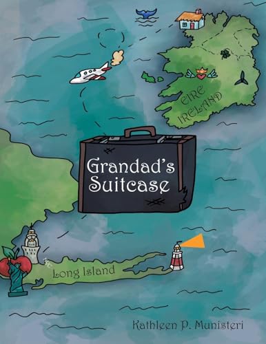 Book cover: suitcase flying between Long Island and Ireland, illustrated style.
