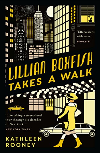 A woman in a yellow coat walks past a stylized New York City skyline.