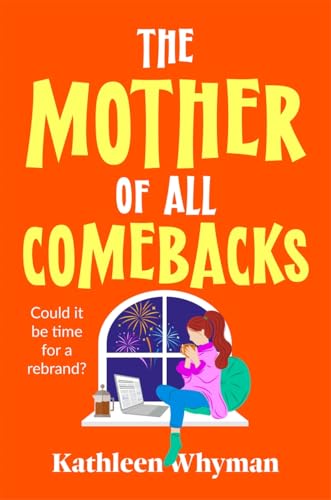 Book cover with orange background, woman by window with laptop and coffee.