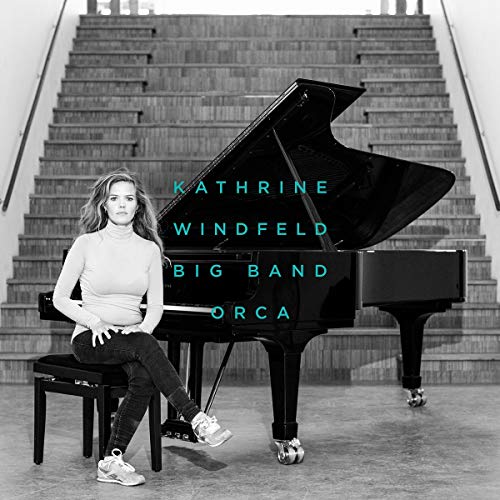 Woman and grand piano on stairs, album cover for Kathrine Windfeld Big Band.