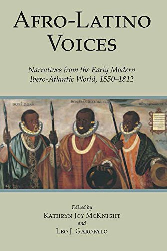 Book cover with title “Afro-Latino Voices” and historical painting of three figures.