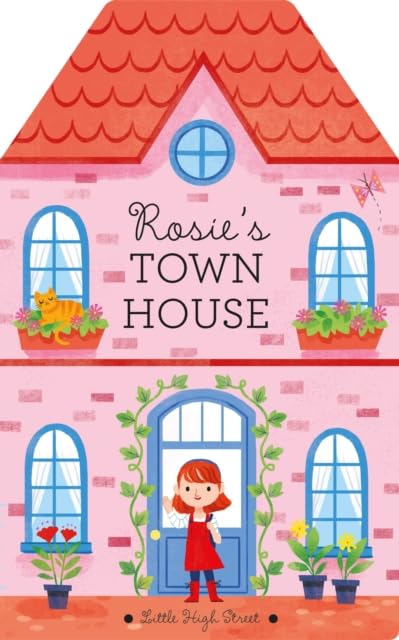 Pink townhouse illustration with a girl, cat, and flower boxes.