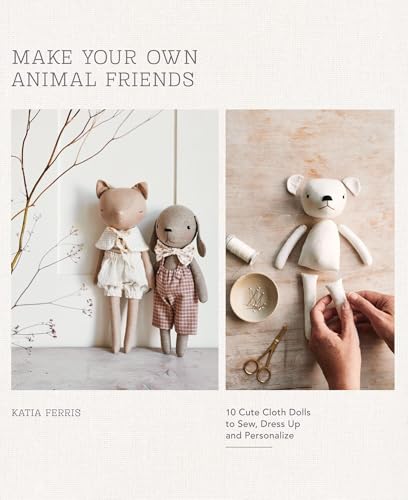 Book cover showing two finished cloth animal dolls and hands sewing a doll part.