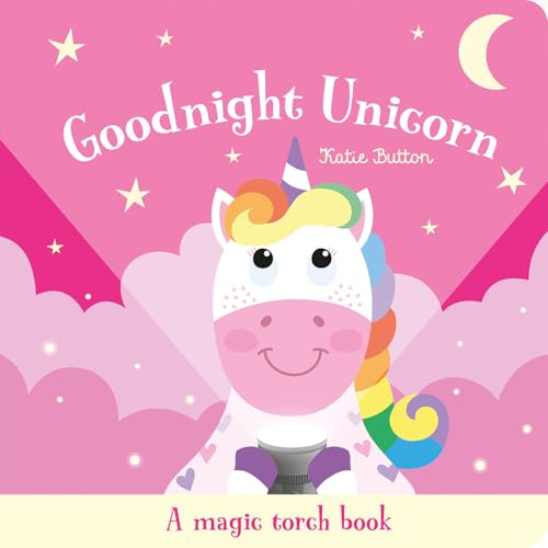 Pink book cover with a smiling unicorn, moon, and stars.