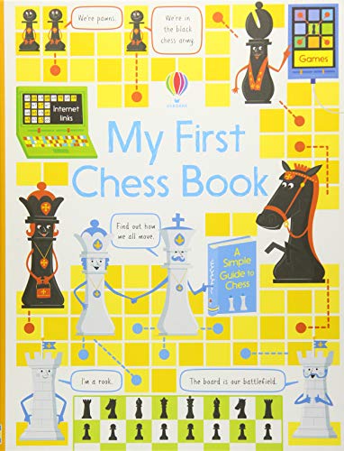 Cover of My First Chess Book featuring cartoon chess pieces on a yellow grid.