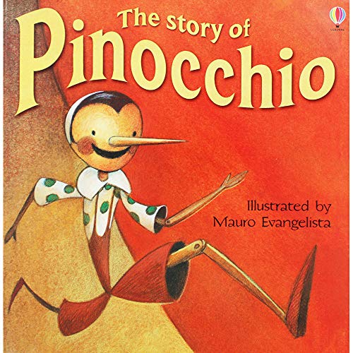 Book cover: illustrated Pinocchio with a long nose, standing with wooden legs.